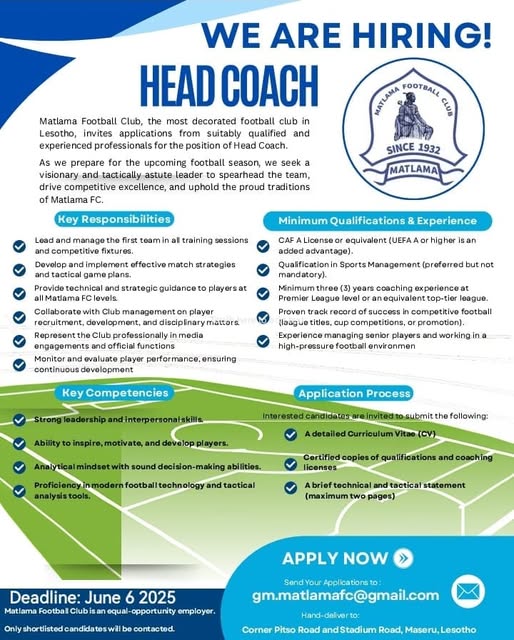 Matlama Football Club - WE ARE HIRING!